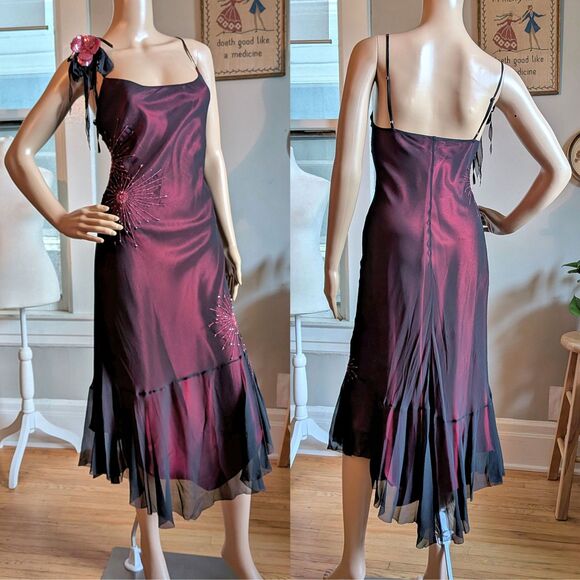 NWT Vintage 90s Y2K Betsey Johnson Silk Midi Dress Dark Whimsgoth Beaded Size 10 - Picture 1 of 16